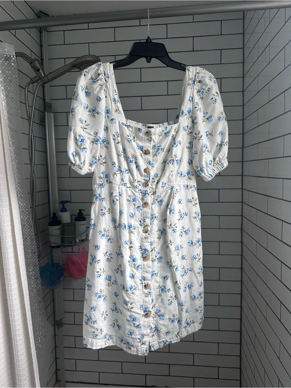 Maternity White Floral Button-Front Mini Dress with Puff Sleeves